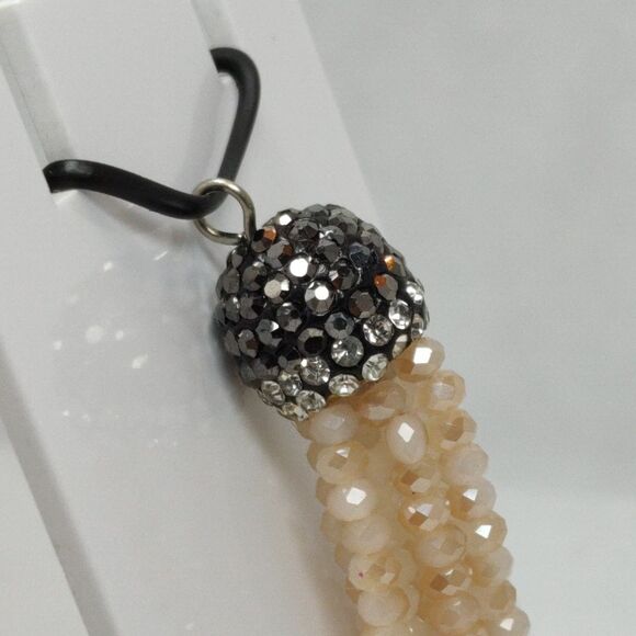 Champagne Beaded Tassel Pendant Faceted Strand Black Silver Rhinestone Cap 2.25" - Picture 7 of 8